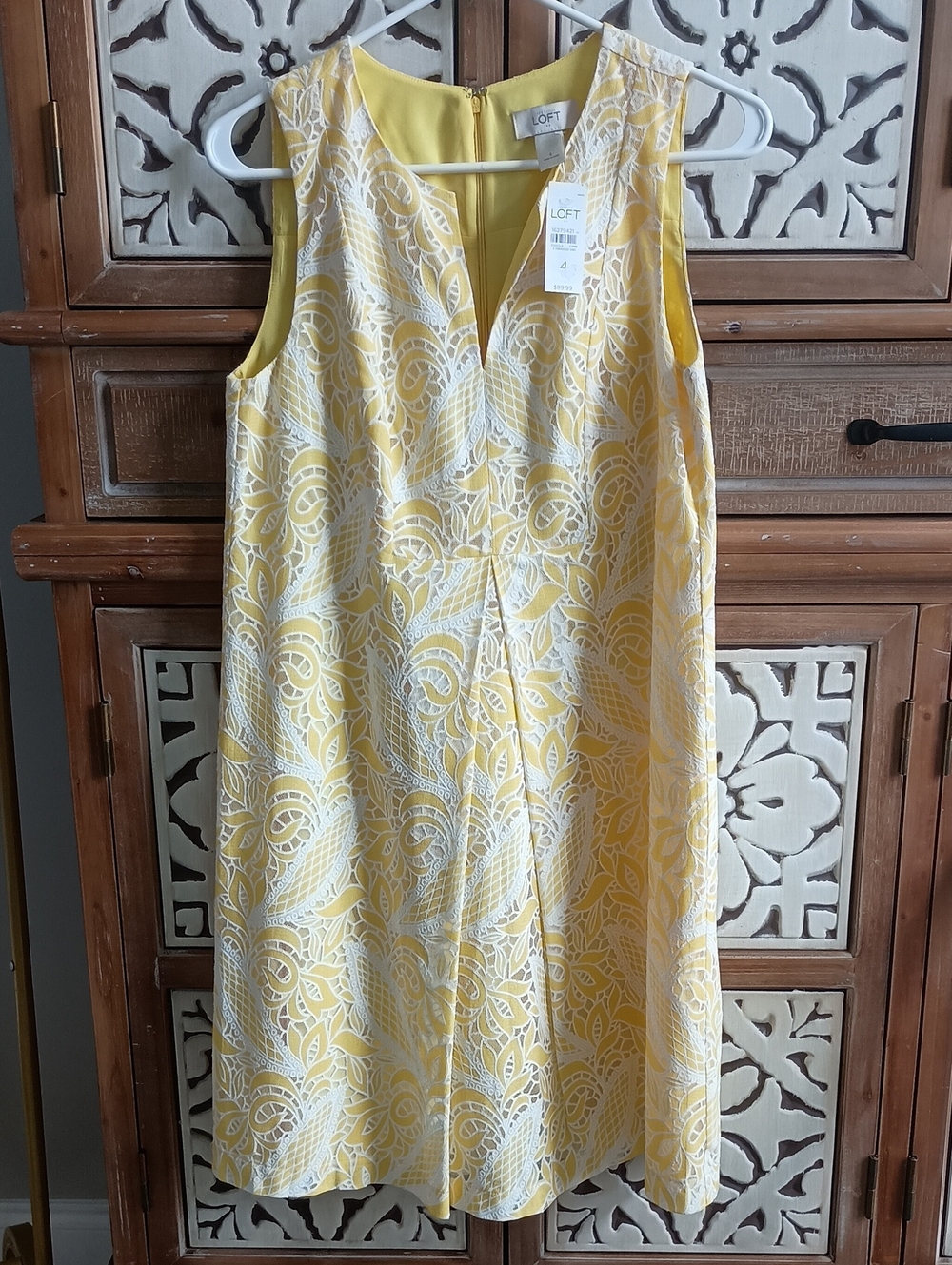 LOFT Yellow and White Lace-Overlay Sleeveless Midi Dress